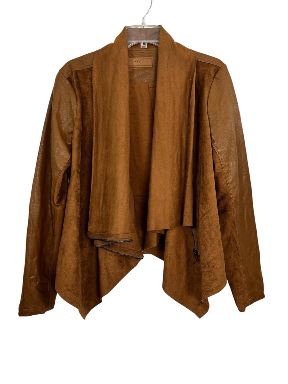Blank NYC Jacket Cognac Brown Draped Open-Front Faux Leather Women’s Size Large